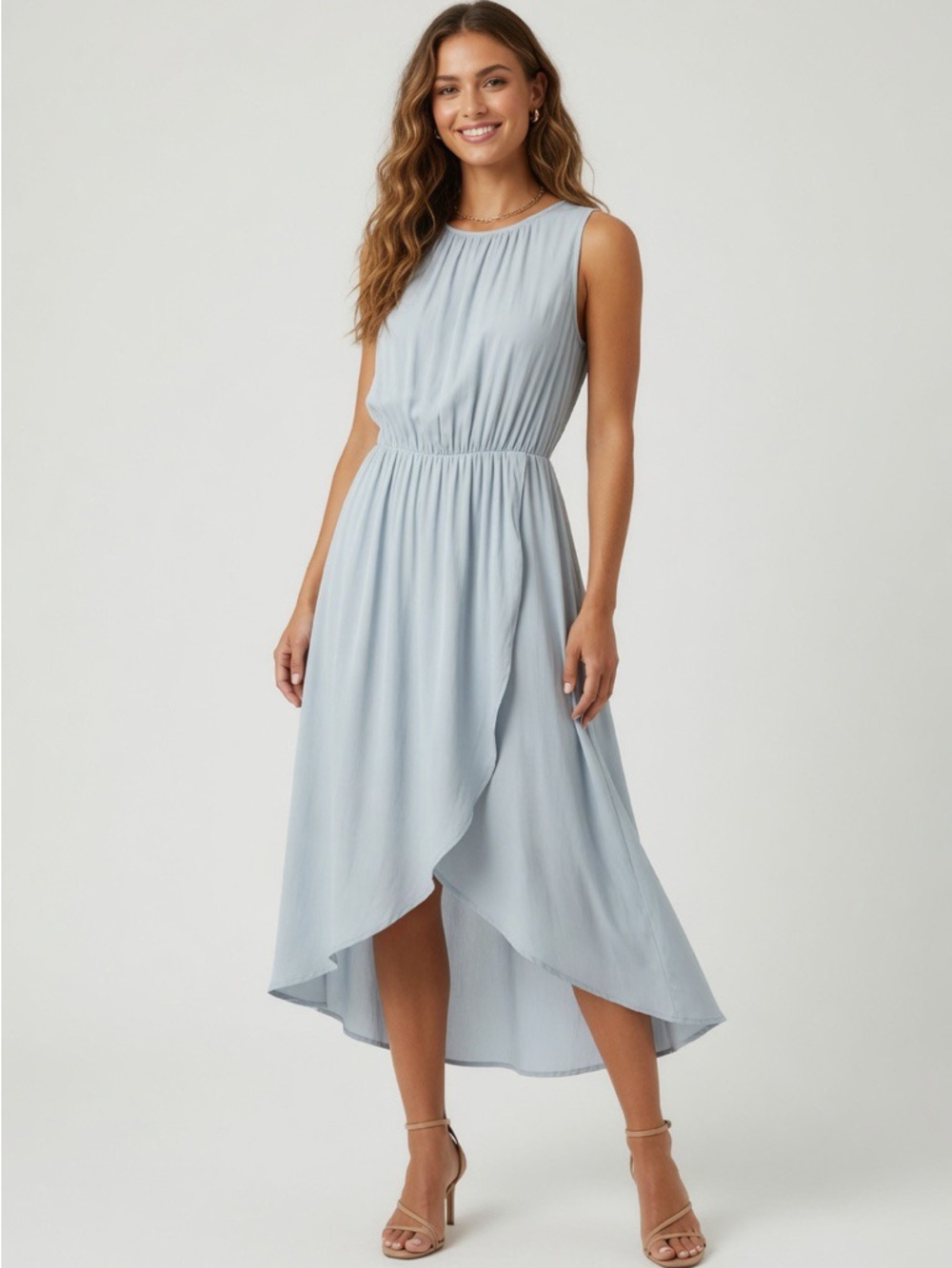 Sz S Tart Barely Blue Silky Pleated Dress w/Draped Front Half Skirt Lining